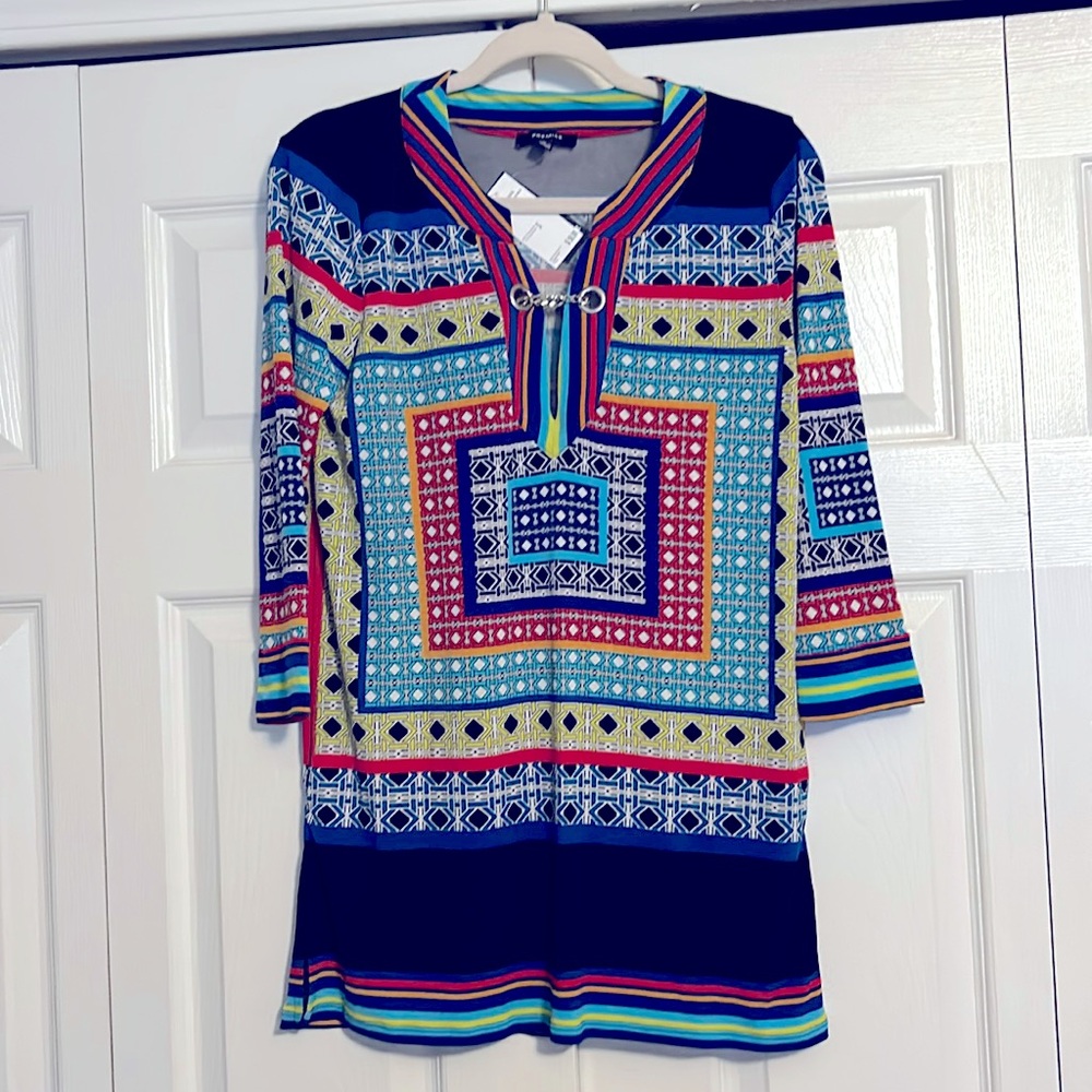 Premise Multicolor Geometric Print Tunic - Navy, Turquoise, Red, Yellow